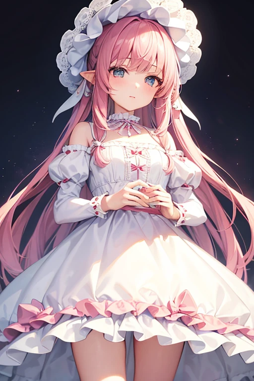 (masterpiece:1.2), (Highest quality:1.2), Perfect Eyes, Perfect Face, Perfect lighting, One girl, Standing with your hands in front of you,Long Hair, Complicated hairstyle,pink and white dress, Frills, ribbon, Puff sleeves, Exposing shoulders, Lace choker, jewelry, peaceful, quiet, Chill,Humanoid pink female squid girl,Elfの王女,White big modern hat,14-year-old girl,Elf