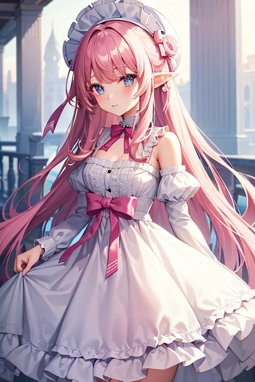 (masterpiece:1.2), (Highest quality:1.2), Perfect Eyes, Perfect Face, Perfect lighting, One girl, Standing with your hands in front of you,Long Hair, Complicated hairstyle,pink and white dress, Frills, ribbon, Puff sleeves, Exposing shoulders, Lace choker, jewelry, peaceful, quiet, Chill,Humanoid pink female squid girl,Elfの王女,White big modern hat,14-year-old girl,Elf