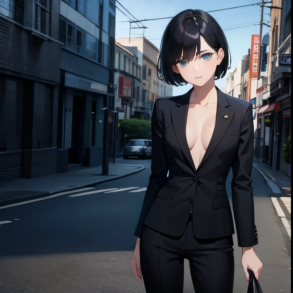 [(Beautiful young girl) (short black hair) (blue eyes) (flat chest)]  ([high Definition] [correct anatomy]): (in the street) (wearing office suit)