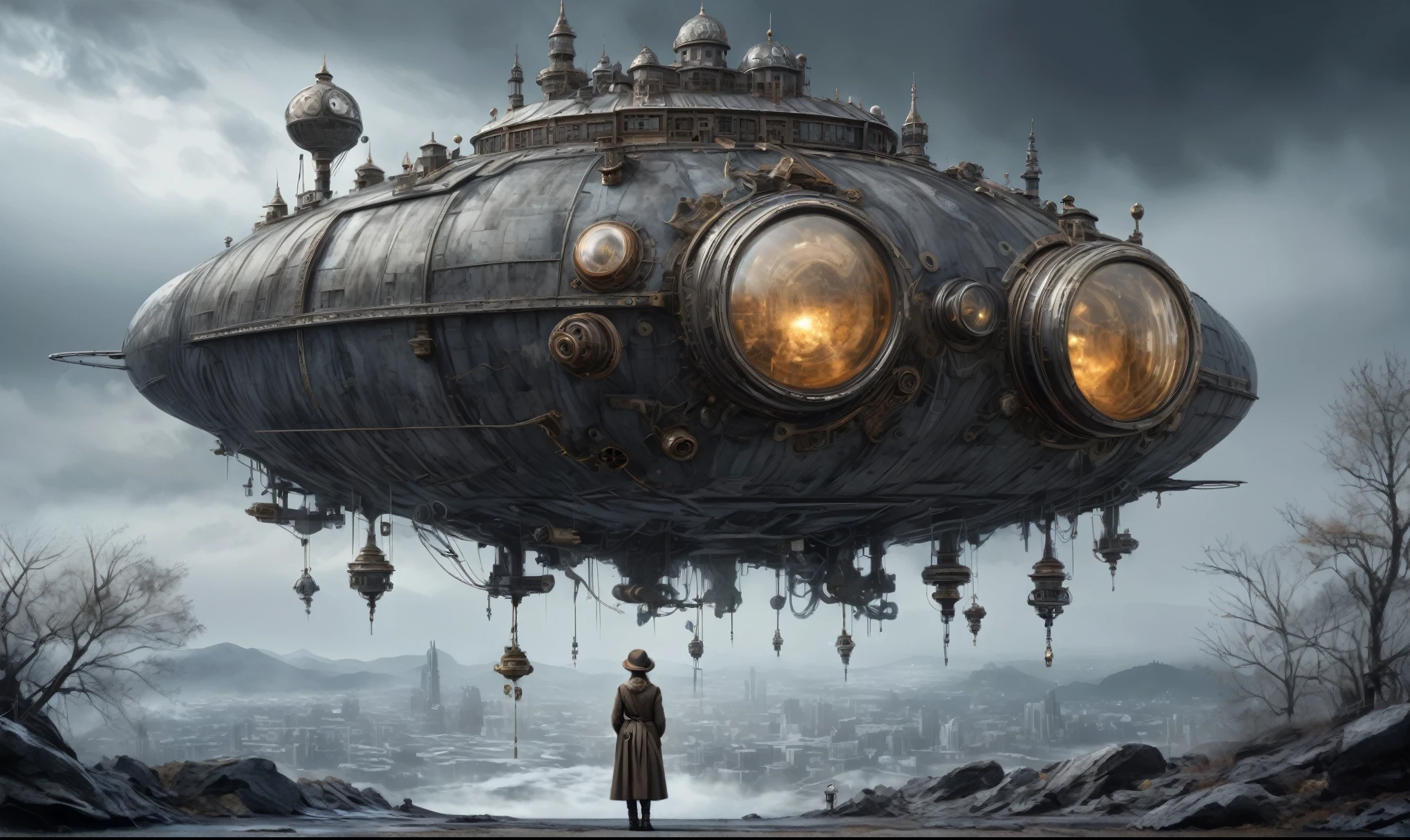 insane pilot from USSR ,pinhead, camouflage Rusty, Ambient in a meteorite ,graphite witch after a psychiatric clinic,winter,intricate landscape,slate grey atmosphere,film grain,faded,eyes extremely detailed,another world,ring of truth,view from height,once pretty face,eyebrow up,full body shot,ominous landscape, Simon Stalenhag,Nicola Samori,full body shot,beggar paladium The Alien Entity,Technicolor,natural skin textures, hyper realism, hyper detailed,Extremely detailed,High contrast,Masterpiece,Realistic,Ultra Detailed, intricate details,realistic humid leather,extremly intricate,Epic Realistic, cinematic style,irina yermolova,high contrast,hdr,extremely detailed, deep night landscape,masterpiece,intricate details,faded,eyes extremely detailed, high detailed eyes,8k resolution,RAW,retina, Nikon Z9,China,Guangxi Zhuang of China,tkt style,ears perfect, transition between two art styles, Ink painting to photorealism, Double contact, X-ray, Creative, vivid light, masterpiece, fantasy, Abstract Surrealism, super detailed, high resolution, stop:35;Her skin is pale, almost translucent,ancient rock,a hot air soars through the layers of clouds, revealing a colossal and enigmatic cityscape nestled within. The buildings in this ethereal city are adorned with intricate details and exude an aura of mystery. Above the cityscape, lend an enchanting touch to the scene. steampunk. The intricate mechanics create a sense of wonder and fascination, as if stepping into a dreamlike realism