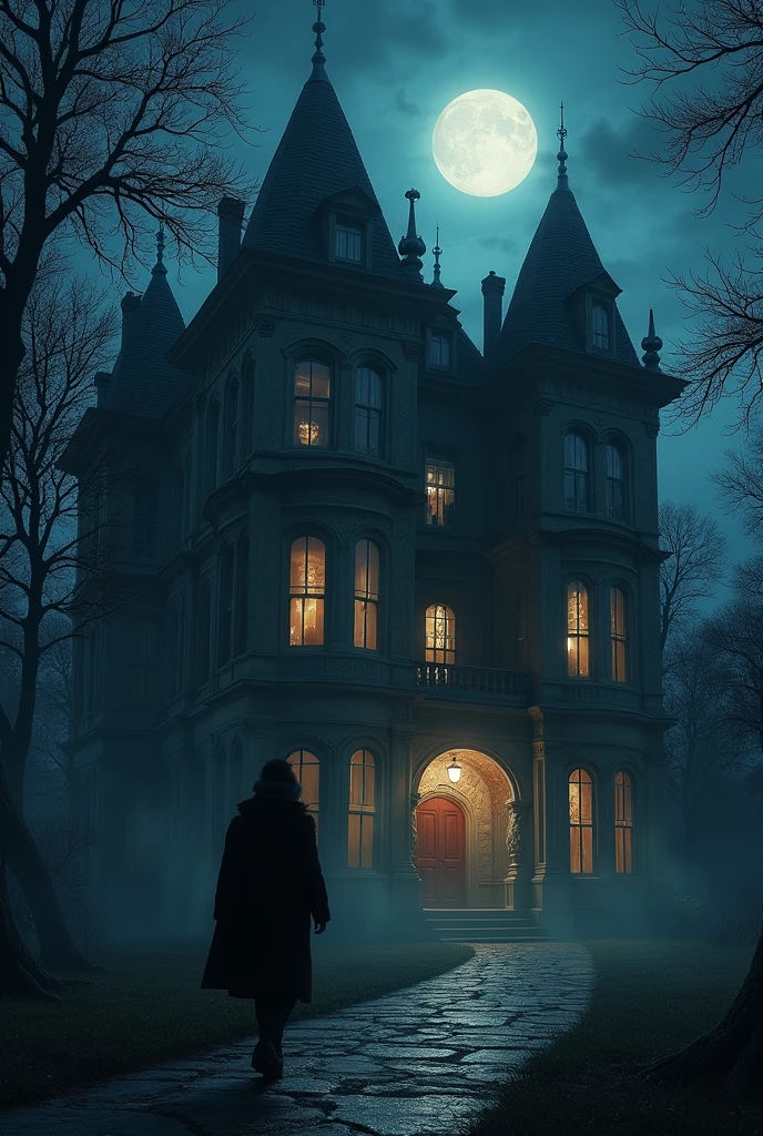was passing in front of the old mansion in night time 
