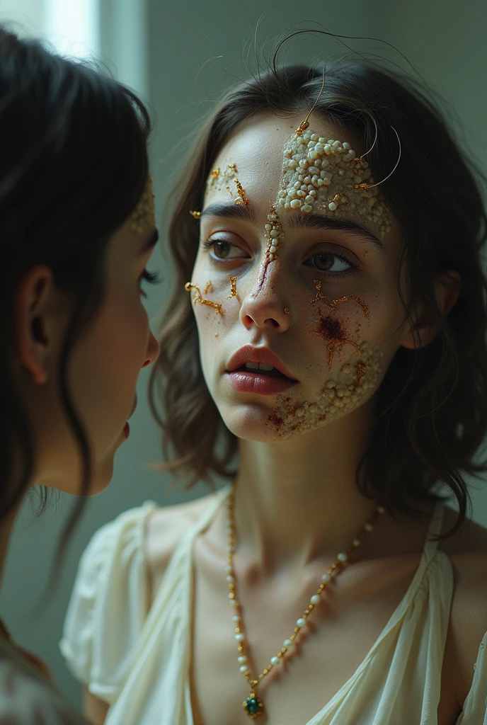 A girl looking at herself in the mirror and her face turned into a cockroach and her body is a girl's body in a close up view.