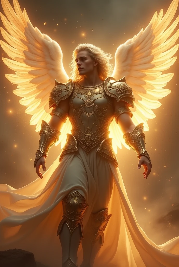 An male archangel filled with light with huge wings of light with a face filled with light and luxurious Beautiful armor