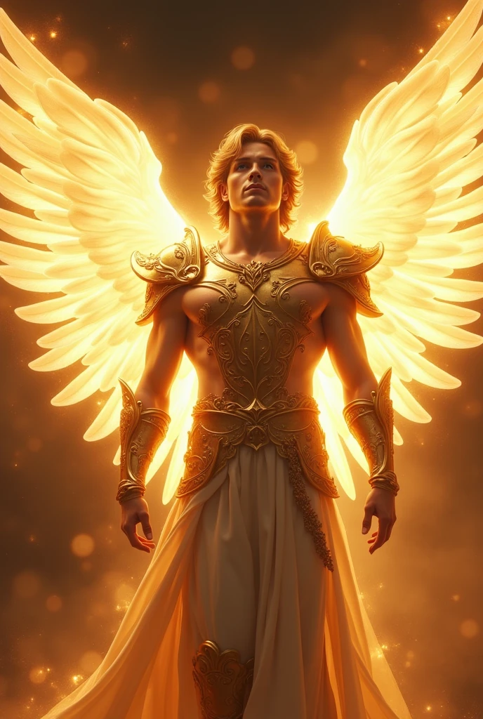 An male archangel filled with light with huge wings of light with a face filled with light and luxurious Beautiful armor