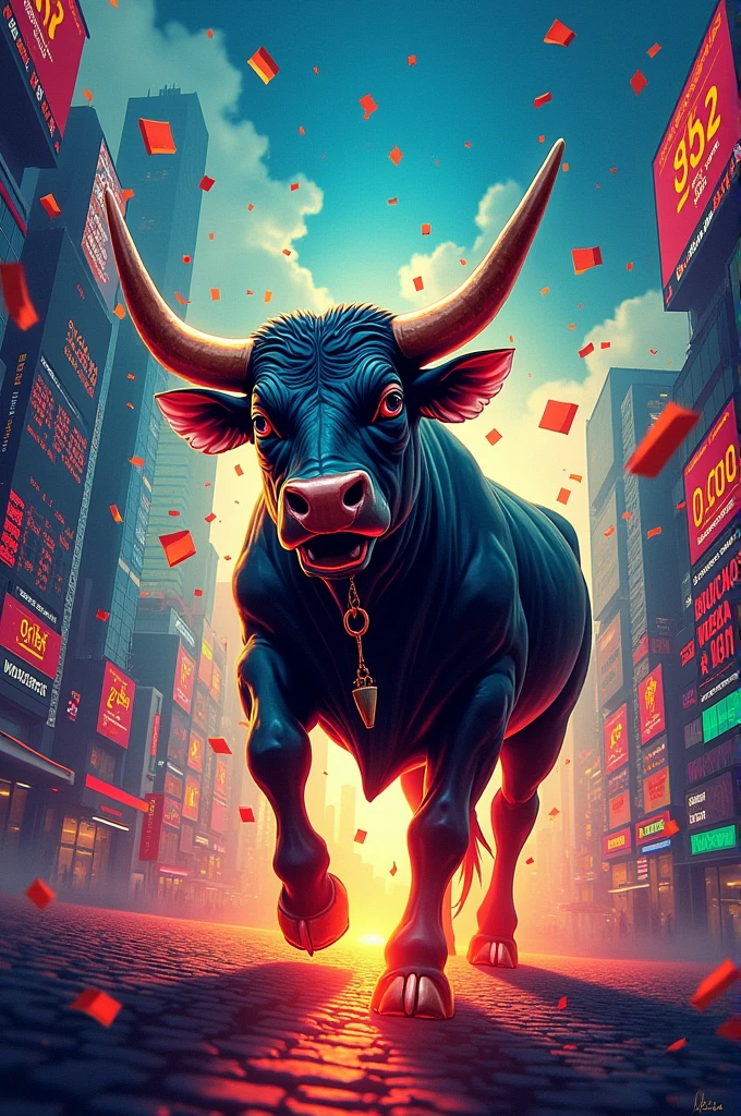The image you shared seems to be related to the stock market, with text in Odia mentioning “profit” and “live.” The presence of a bull suggests a rising market, often referred to as a ‘bull market,’ which indicates increased investor confidence and rising stock prices.
Are you interested in learning more about stock markets or need help with something specific related to this image?