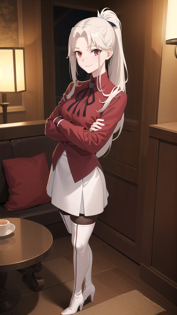 masterpiece, ultra quality, 8K, best quality, absurdres, perfect anatomy, anime_girl, 1girl, solo, Irisviel von Einzbern, red eyes, ponytail, hairpin, red shirt, dress shirt, red thigh high boots, heels, white skirt, pantyhose, cowboy shot, standing, smile, indoors, crossed arms, room, night, quiet environment, sofa, sit,
skinny legs, excellent facial features, A pretty girl, beautiful appearance,