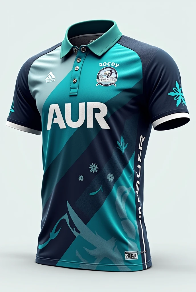 Two image the front and the back view, A collared, 3-button neckline. The center front should feature the word 'AUR'. On the back view, center the player's name above their role. The theme color is blue, teal, gray, little bit of black, and white. The design should have a Little bit of "slash geometric shapes like SPIRALS", "wind slashes", and "a lot of snowflakes pattern".