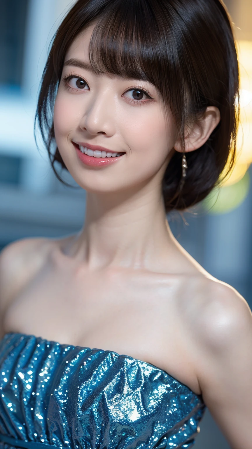 1girl,(wearing a blue glittery evening dress:1.2),(RAW photo, best quality), (realistic, photo-realistic:1.4), masterpiece, an extremely delicate and beautiful, extremely detailed, 2k wallpaper, Amazing, finely detail, extremely detailed CG unity 8k wallpaper, ultra-detailed, highres, soft light, beautiful detailed girl, extremely detailed eyes and face, beautiful detailed nose, beautiful detailed eyes,cinematic lighting,city lights at night,perfect anatomy,slender body,light smile,close up,(long hair with bangs), big breast,open shoulder,NSFW 