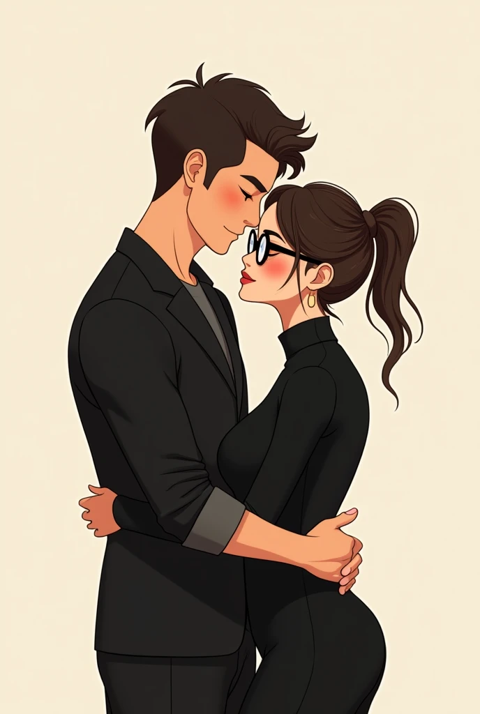 Image of cute couple boy is tall and masculine and girl is cute and wear specteles both are wearing black clothes and standing beside each other and they qre hugging each other and girl is doing ponytail