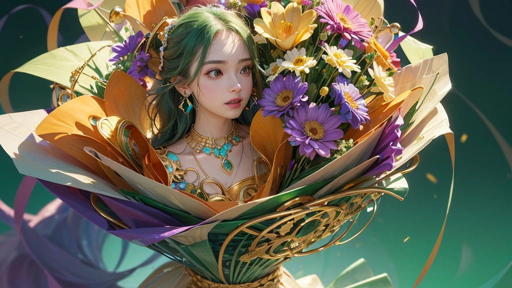 32K, 最高quality, 最高masterpiece, (ultra-Detailed Background, Detailed Background), High resolution, Super detailed, Very detailedな, One girl, (bouquet:1.3), (Tangled:1.2), (Geometric:1.2),(colorful),(masterpiece, quality, best quality, Official Art, Beautiful and beautiful:1.2), (1 girl:1.3), Very detailed,(colorful:1.1)(Flowers:1.3),Most detailed,(Tangled:1.2), whole body, (Abstract background:1.3), (Skin glows), (Many colors:1.4), ,(Earrings Jewelry:1.5), Light green background,