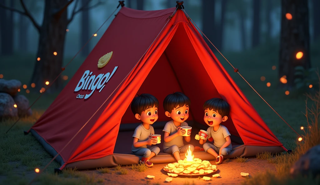 High angle drone camera shot view, Of an (A frame Tent:3.1) that is branded with with Red Colour (Bingo! Tomoatto Chips:3.2), A group of funny (happy friends laughing: 1.9) they are sharing (Bingo! chips: 3.1), Bingo! chips is an Indian brand, There are four characters, The camp is inside a forest, neat out line, detailed, White background, wide aspect ratio, fairy tale style, fairy tale style, hand-drawn, 3D pixar style, (Warm light source:1.2), (Fire Flies:2.2), (nebula:1.3), 4K, Super detailed, (Dynamic configuration:1.4), HD Pixar detailed, Colorful details, (masterpiece:1.2), (highest quality),