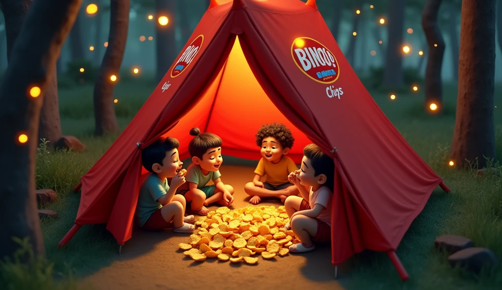 High angle drone camera shot view, Of an (A frame Tent:3.1) that is branded with with Red Colour (Bingo! Tomoatto Chips:3.2), A group of funny (happy friends laughing: 1.9) they are sharing (Bingo! chips: 3.1), Bingo! chips is an Indian brand, There are four characters, The camp is inside a forest, neat out line, detailed, White background, wide aspect ratio, fairy tale style, fairy tale style, hand-drawn, 3D pixar style, (Warm light source:1.2), (Fire Flies:2.2), (nebula:1.3), 4K, Super detailed, (Dynamic configuration:1.4), HD Pixar detailed, Colorful details, (masterpiece:1.2), (highest quality),
