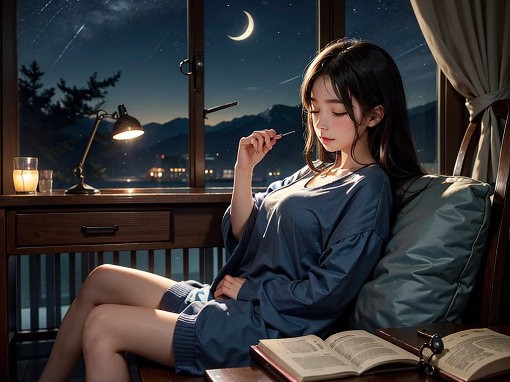 The adorable girl slept soundly on her cluttered work desk. She was wearing vibrant headphones and a brightly colored headphone strap around her neck. The room was bathed in moonlight streaming through a nearby window, offering a glimpse of the silent midnight sky. The sky outside was full of twinkling stars and a crescent moon peeked out from behind fluffy clouds. The peaceful atmosphere was a blend of academic endeavor and tranquil rest, with the stars and moon seeming to keep her company in her solitude. The girl's face was relaxed, her eyes closed, and her breath came in rhythmic intervals, revealing a brief moment of serenity amidst the stress of her studies. The desk was covered with notes, pens, and a half-empty cup of tea emitting a faint steam, hinting at the dedicated hours of work that had led her to this blissful slumber. The gentle contrast between the focused chaos of her workspace and the tranquil night scenery outside created an enchanting atmosphere, reflecting the quiet struggle and the charm of late-night study sessions.