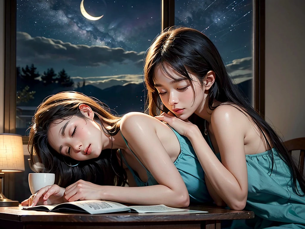The adorable girl slept soundly on her cluttered work desk. She was wearing vibrant headphones and a brightly colored headphone strap around her neck. The room was bathed in moonlight streaming through a nearby window, offering a glimpse of the silent midnight sky. The sky outside was full of twinkling stars and a crescent moon peeked out from behind fluffy clouds. The peaceful atmosphere was a blend of academic endeavor and tranquil rest, with the stars and moon seeming to keep her company in her solitude. The girl's face was relaxed, her eyes closed, and her breath came in rhythmic intervals, revealing a brief moment of serenity amidst the stress of her studies. The desk was covered with notes, pens, and a half-empty cup of tea emitting a faint steam, hinting at the dedicated hours of work that had led her to this blissful slumber. The gentle contrast between the focused chaos of her workspace and the tranquil night scenery outside created an enchanting atmosphere, reflecting the quiet struggle and the charm of late-night study sessions.