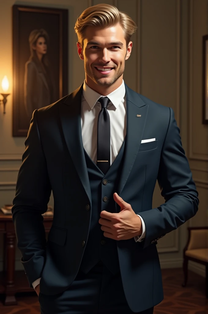 a white man, high, elegant, with muscles,vestido de traje elegant , black eyes, blond hair, SMILING
