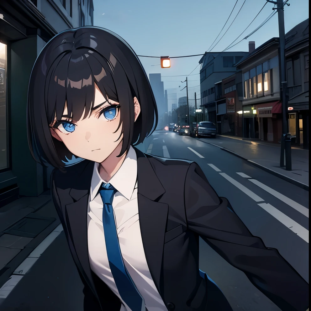 [(Beautiful young girl) (short black hair) (blue eyes) (flat chest)]  ([high Definition] [correct anatomy]): (in the street) (wearing office suit)