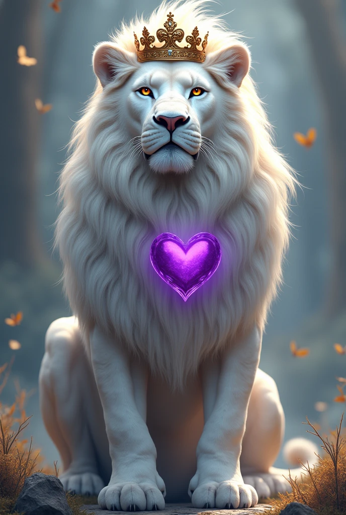 Create a white lion king with a king crown and a purple heart on his chest 