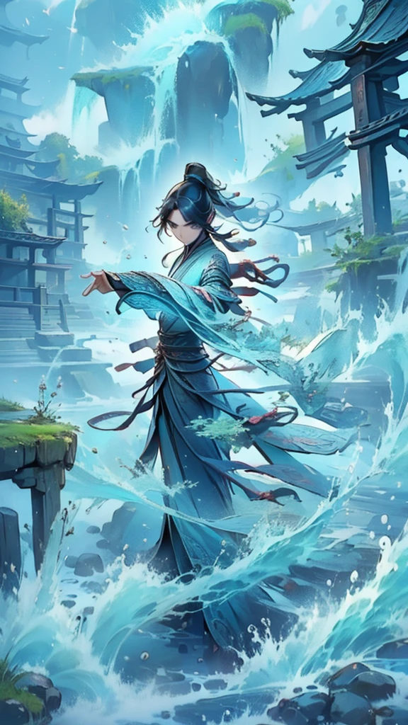 best quality,masterpiece,Ultra-high resolution,(truthfully:1：0),fall,Handsome and dashing Chinese boy,Long hair single ponytail,Wearing fairy clothes,在fall下岸邊,Wudong Tai Chi,