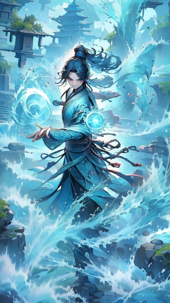 best quality,masterpiece,Ultra-high resolution,(truthfully:1:0),fall,Handsome and dashing Chinese boy,Long hair single ponytail,Wearing fairy clothes,在fall下岸邊,Wudong Tai Chi,