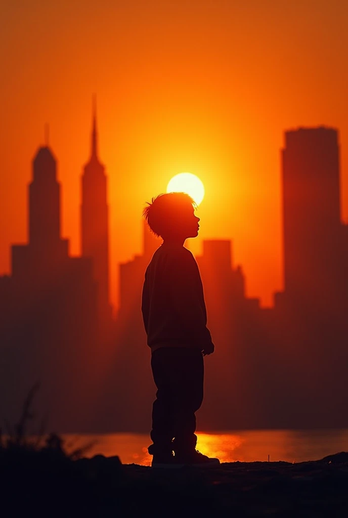 Silhouette of a  in a New York City in the distance with a very bright sunset