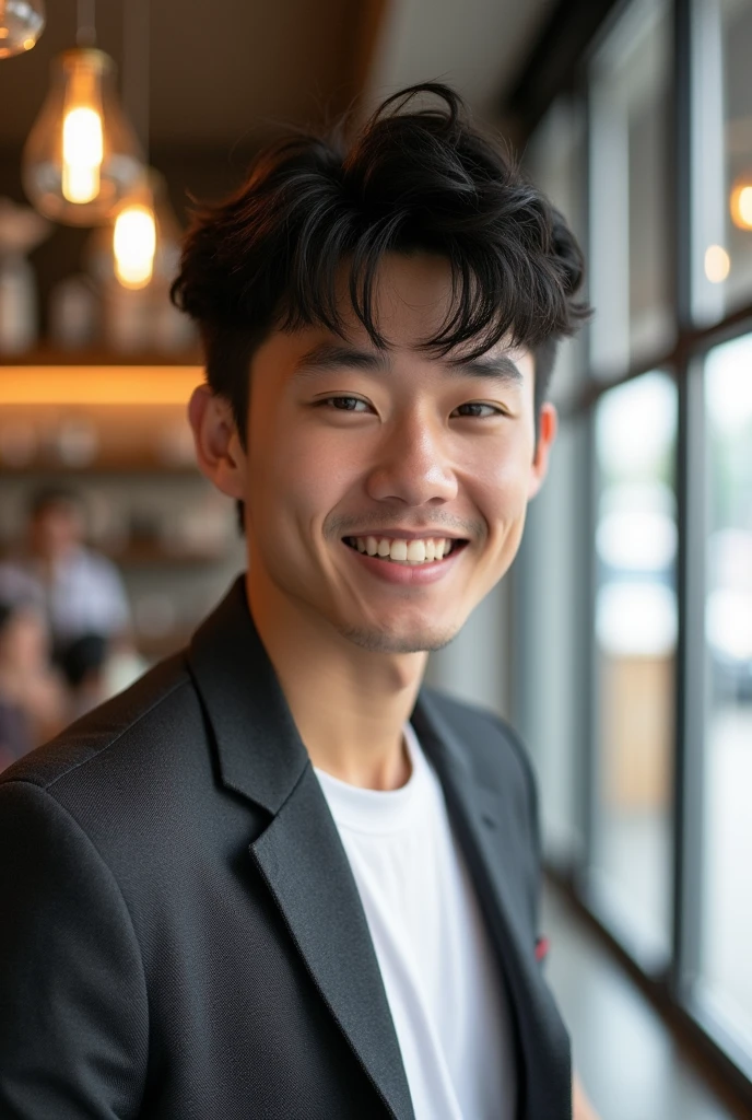 23 years old Japanese male Hairstyle is center part Paper doesn't have a perm Simple Outfit profile Do not look at the camera Cafe A photo taken by accident smile