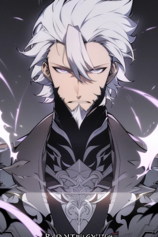 (work of art, best qualityer, face perfect, expressive eyes), black leather cover, details Intricate, black breastplate, a male anime,single character, short black hair with white highlights, beard, visual novel sprite, detailed black armor, high qualiy, cinematic, dramatic pose, details Intricate, swirly vibrant colors, work of art, impacto genshin.