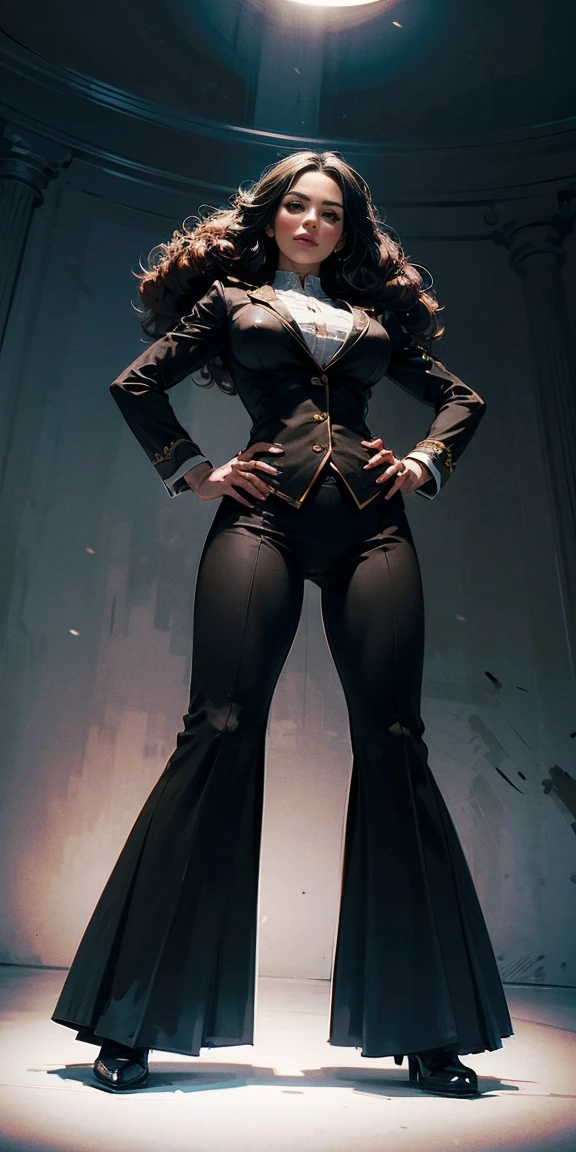 Symmetrical full-body portrait of a woman standing at a low angle, From below, Grim expression、Hands on hips, Large Breasts、Long Hair、Curly hair、uniform、commander、The background is a burning battlefield