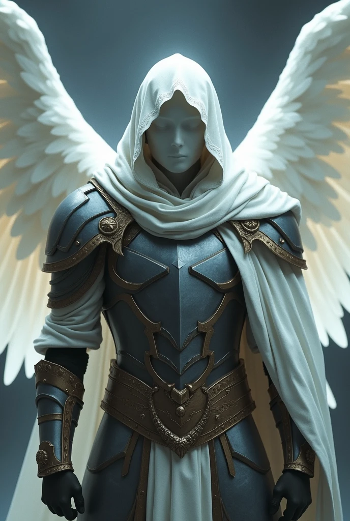 A faceless male archangel wearing a white light hood and wings with sturdy armor.