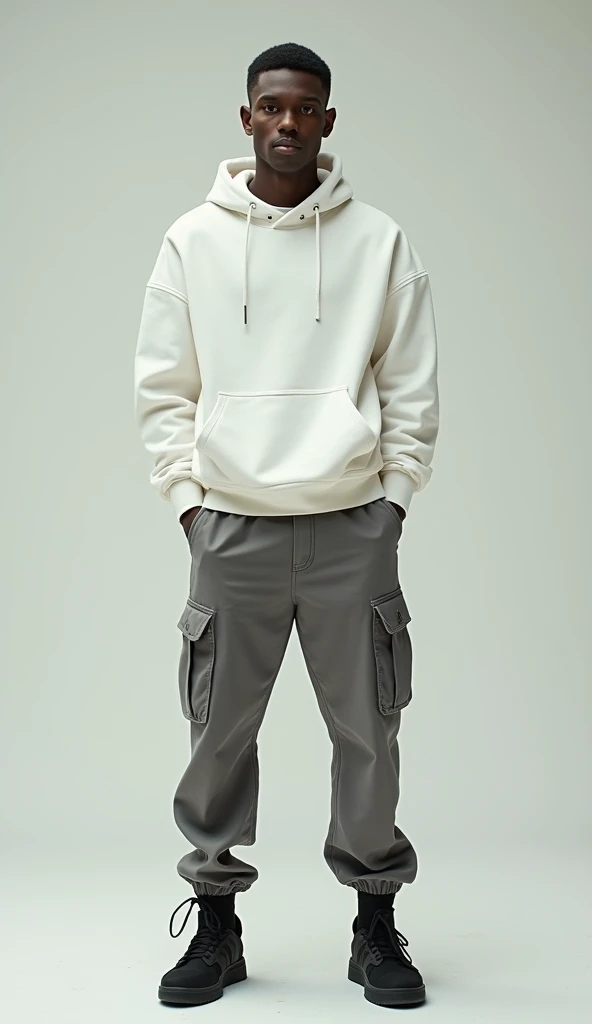 Creat a (freedom fighter Hitler ) photo full-body, include 8K high resolution, high-definition image of a person styled as a modern fashion influencer. The individual should be wearing .black shoes, a white hoodie, and grey cargo pants. The image should have a realistic and contemporary appearance, with the person looking directly at the camera. The photo should also have an analog photography effect to give it a vintage vibe. Note: this emage is a (freedom fighter Hitler)