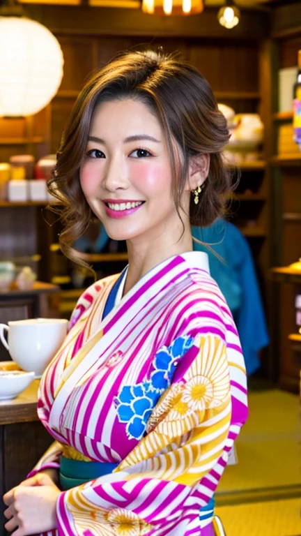 (8k、RAW Photos、Highest quality、masterpiece:1.2)、(Realistic、Realistic:1.37)、Very detailed、Ultra-high resolution、Beautiful mature woman,View your viewers、Beautiful and elaborate face、Laughter、narrow、(Tight waist) :1.3)、Fine and beautiful skin、Skin Texture、Floating Hair、Professional Lighting、The whole human body、Braided Hairstyles、Japanese Yukata、Floral Yukata、kimono、Colorful yukata、Japanese style tea shop、Bob Hair、Big Breasts,smile、No makeup、Moisturizing lips、Pale pink lips、Haruka Igawa