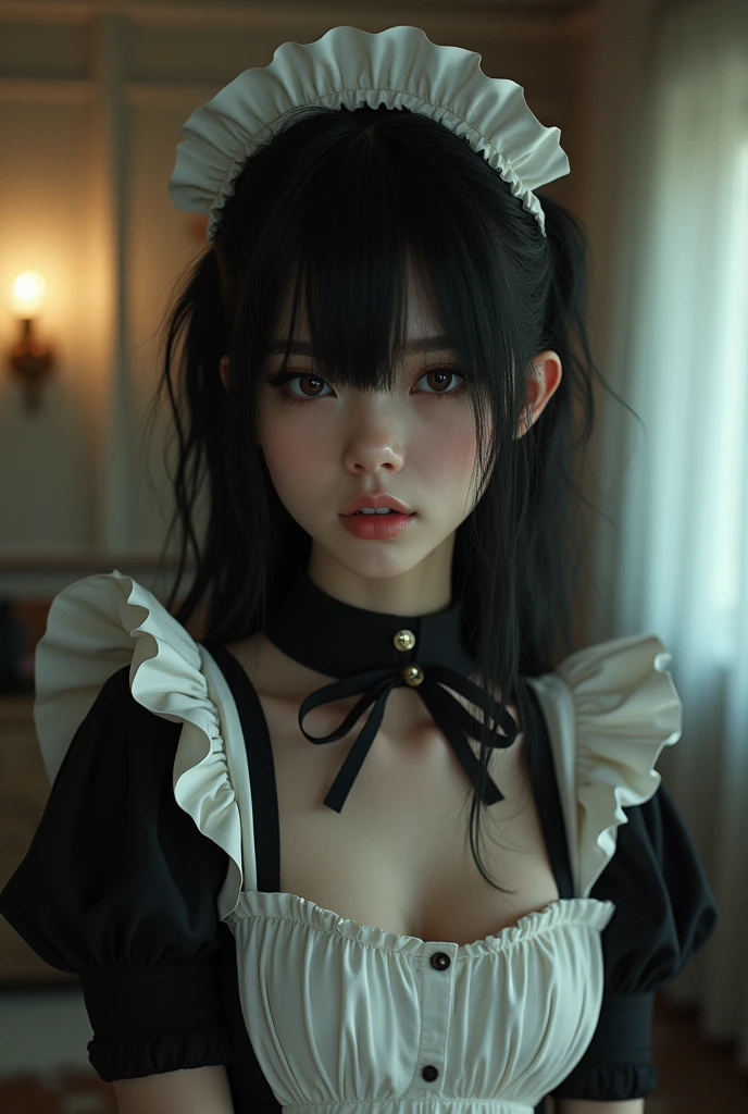 A flat chested man with black hair, a masochistic shemale, about 25 years old and tall, wearing a maid outfit


