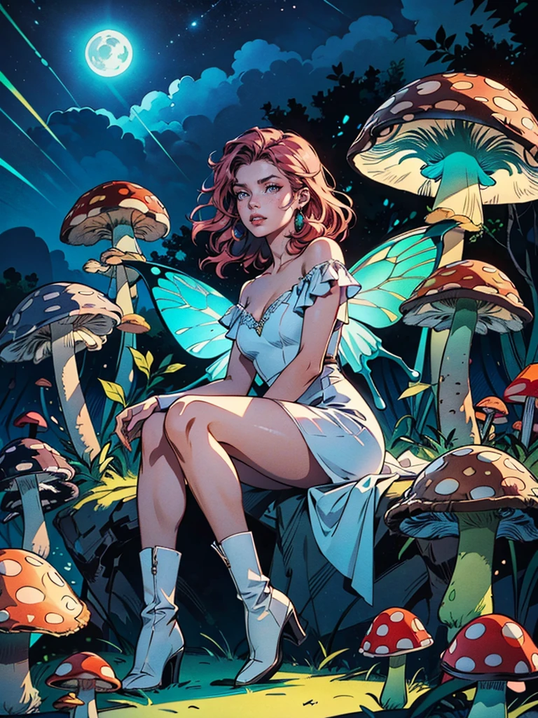 a picture of an exquisite beautiful female fairy sitting on a (Bioluminescent Mushroom: 1.4)  under the starry night sky at the forest, dynamic angle (ultra detailed, Masterpiece, best quality), ultra detailed face (ultra detailed, Masterpiece, best quality), ultra feminine, fare skin, pink hair, wavy hair, dynamic eyes color, glowing eyes, intense eyes, red lips, wearing white dress, elegant silk dress (ultra detailed, Masterpiece, best quality), butterfly wings (ultra detailed, Masterpiece, best quality), wearing high heeled boots, phosphorous glowing  Bioluminescent Mushroom, sky full of stars background, moon, beat details, best quality, 8k, [ultra detailed], masterpiece, best quality, (ultra detailed), full body, ultra wide shot, photorealism, fantasy art, gl0w1ngR,