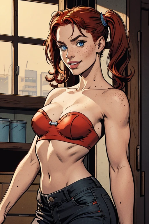 Red-haired girl, lots of freckles on her face, small blue eyes, full lips, long pigtails, thin, small breasts, freckles in the middle of the chest, big ass, wearing strapless top, flare pants black, mischievous smile, finger in mouth, full body photo, indoors, UHD, masterpiece, accurate, anatomically correct, textured skin, super detail, high details, high quality, award winning, best quality, highres