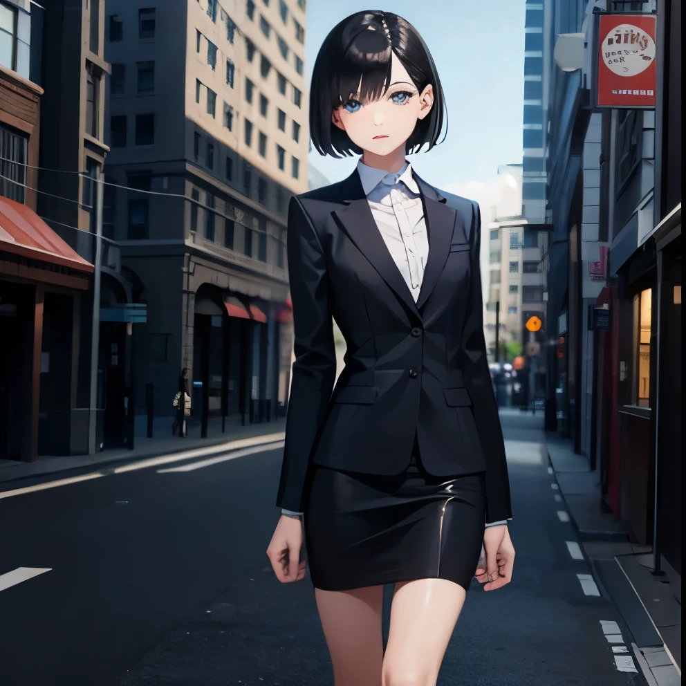 [(Beautiful young girl) (short black hair) (blue eyes) (flat chest)]  ([high Definition] [correct anatomy]): (in the street) (wearing office suit)