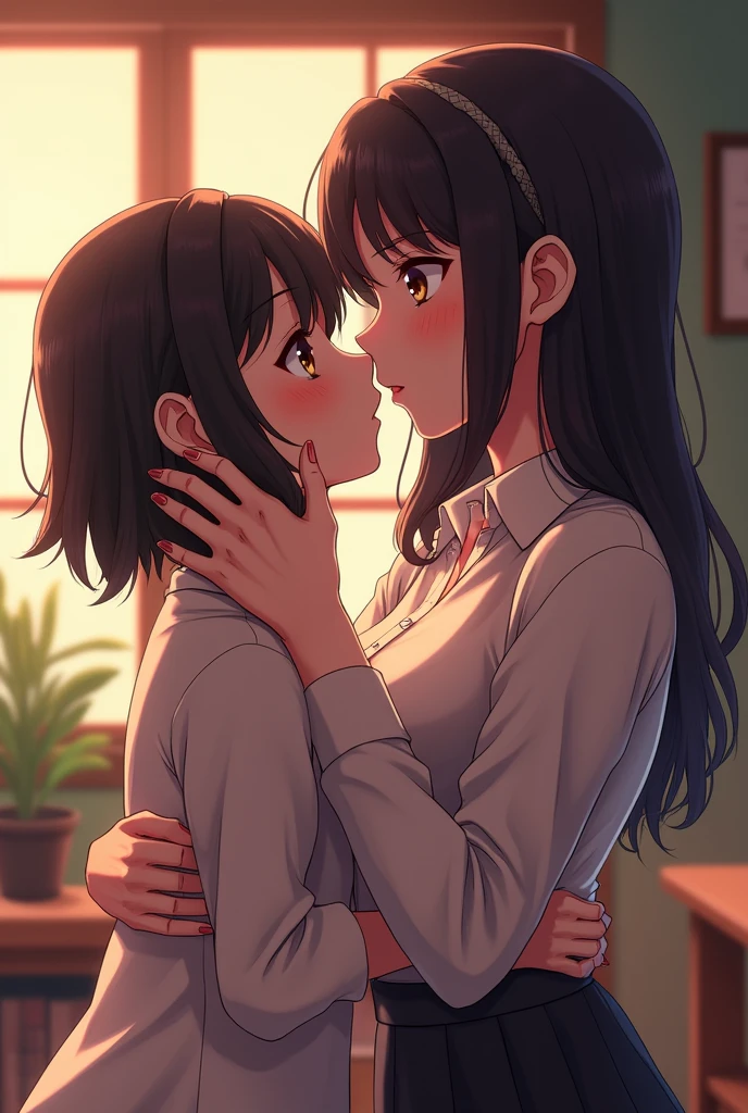 An anime girl being seduced and kissed by her older experienced and attractive female teacher