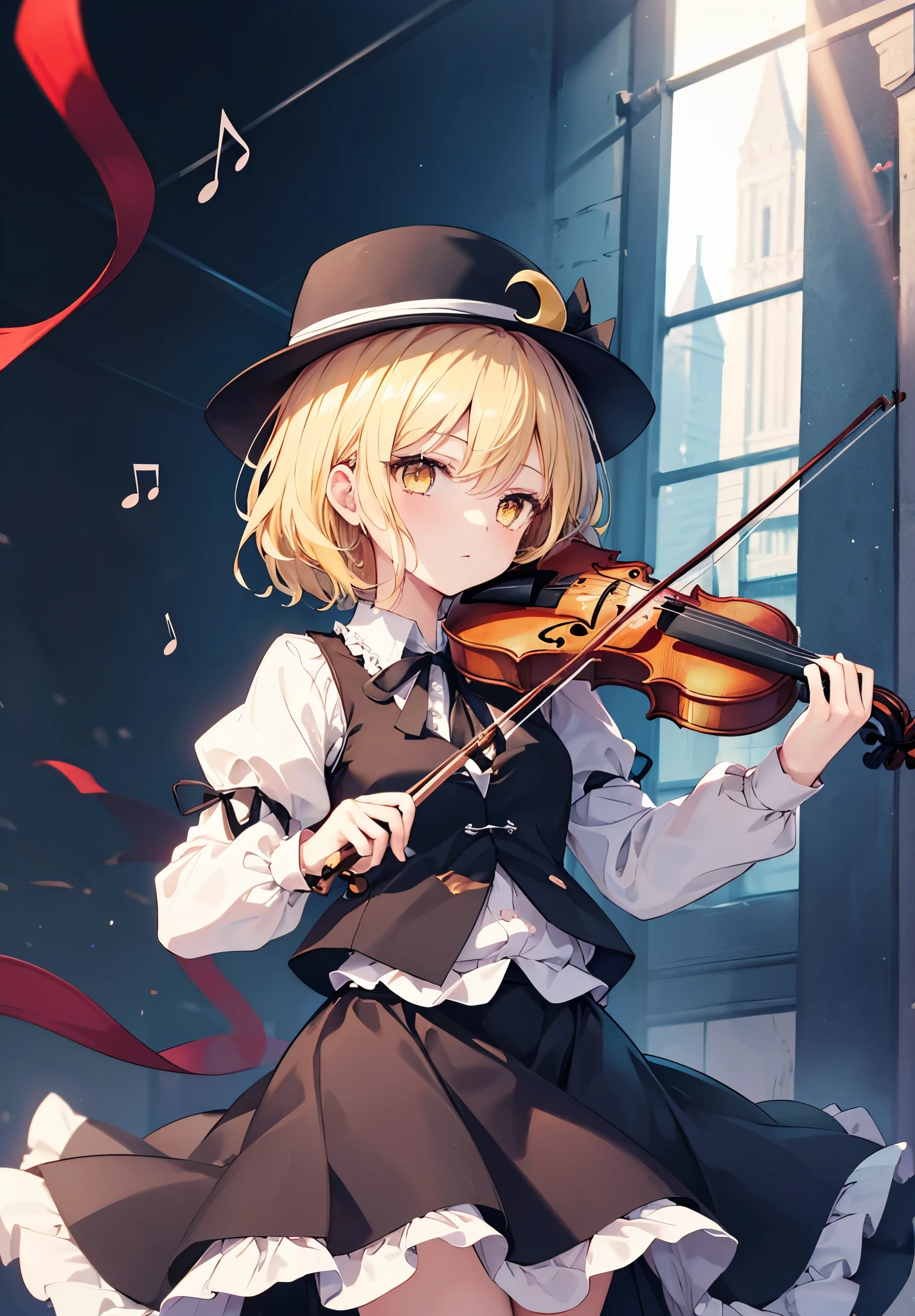 1girl, lunasa prismriver (touhou), yellow eyes, short hair, blonde hair, black headwear, hat, crescent hat ornament, black vest, white shirt, long sleeves, black skirt, skirt set, violin, bow (music