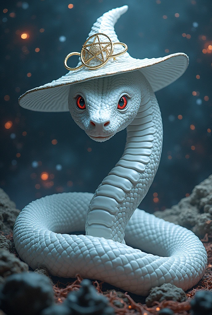 a white snake with a witch's hat, surrounded by symbols of magic and the cosmos, no people, hat, witch's hat, border, animal focus, animal, magic circle, black border, hexagram. ultra-realistic, hyper-detailed, 32k uhd,hyper-detailed,ultra-realistic, 8k,, red eyes, (Background Universe and Galaxy) (Background Magic Galaxy and Magic Universe, A lot of stars in the sky dark), surrounded by symbols of magic Diagram, Witch Star, Big hexagram Background and old vikings writing, witch writhing.