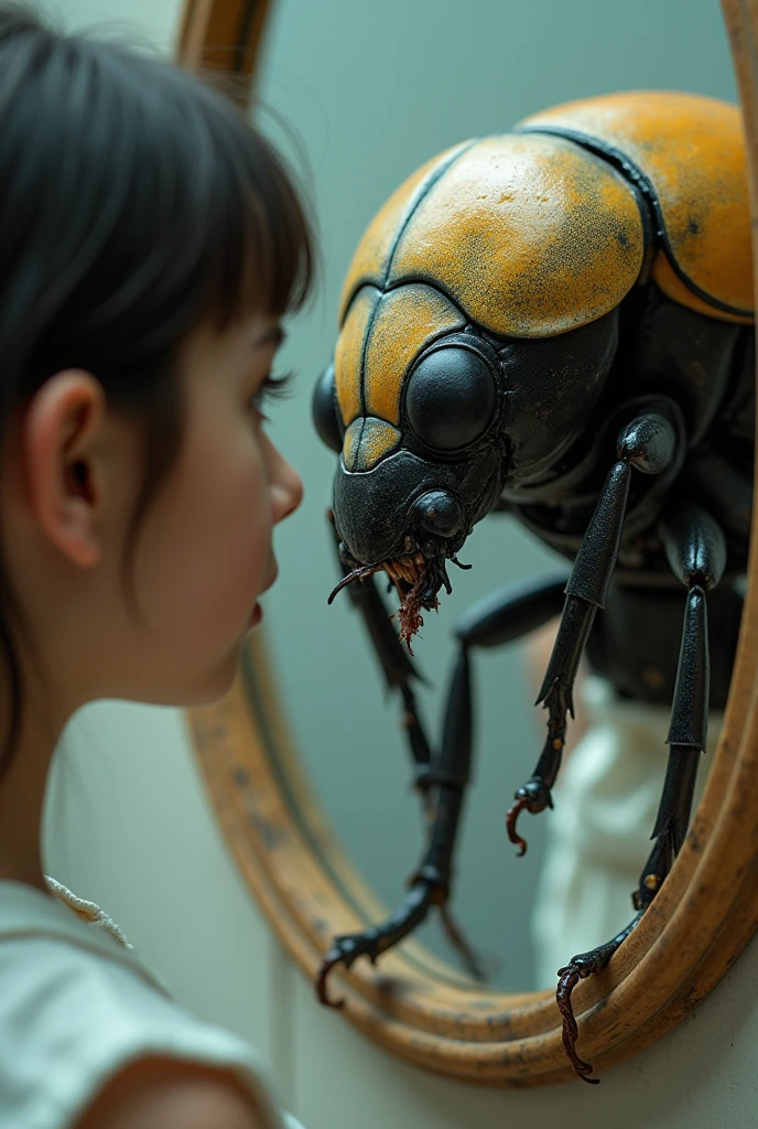 A girl looking at herself in the mirror and her face turned into a beetle and her body is a girl's body in a close up view 