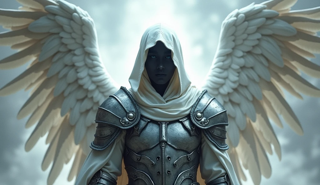 A faceless male archangel wearing a white light hood and wings with sturdy armor.