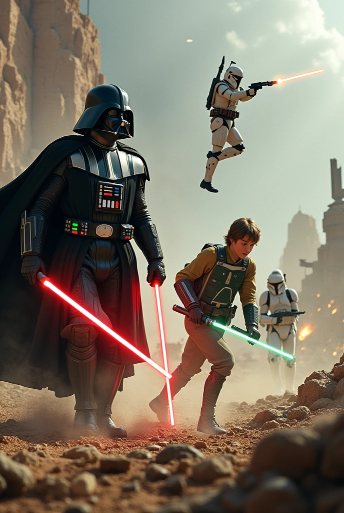 On the battlefield, among the remains of war machines and starships from Star Wars, Darth Vader walks, holding a red lightsaber in each hand., following him, Jedi Luke Skywalker runs behind him, dodging shots from light blasters. , Mandalorian Bobba Fett from Star Wars is flying towards us, he has a blaster in his hands. Light gun shots can be seen in the background, and in the distance, clone stormtroopers are fighting battle droids.
