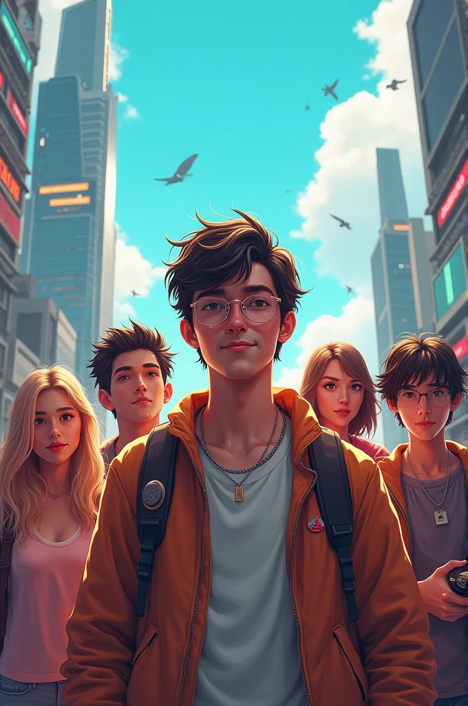 A charismatic, laid-back gamer at the center and surrounding him are several people with different traits. The background should depict a bustling, futuristic city with skyscrapers and a beautiful blue sky.