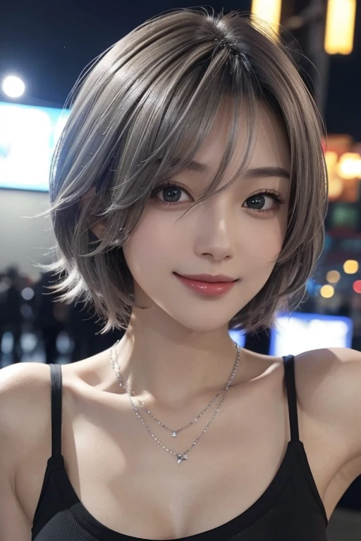 whole body、Realistic Skin、(Surreal) , (Like the picture:1.4),(Increase the resolution), (8k), (Very detailed), (Beautiful and detailed), (Highest quality), (Very detailedな), (masterpiece), (wallpaper), (Detailed face), alone,1 girl, perfect beautiful japanese woman:1.4、19 years old、Looking at the audience, Subtle details, Detailed face, cloudy, Deep Shadow, A kind smile,Short Hair Silver Color Mesh,My hair is messy,look up,(T-Shirts:1.2),The background is night,Camera angle: High angle,Various poses,necklace,Pin on right ear,Attractive face, Mid-chest, Dynamic pose,