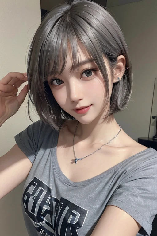 whole body、Realistic Skin、(Surreal) , (Like the picture:1.4),(Increase the resolution), (8k), (Very detailed), (Beautiful and detailed), (Highest quality), (Very detailedな), (masterpiece), (wallpaper), (Detailed face), alone,1 girl, perfect beautiful japanese woman:1.4、19 years old、Looking at the audience, Subtle details, Detailed face, cloudy, Deep Shadow, A kind smile,Short Hair Silver Color Mesh,My hair is messy,look up,(T-Shirts:1.2),The background is night,Camera angle: High angle,Various poses,necklace,Pin on right ear,Attractive face, Mid-chest, Dynamic pose,