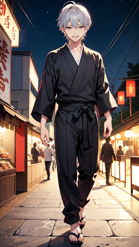 high resolution,Anime Style,,Cool guy,mature,,20th Generation,short hair,Silver Hair,Red eyes,Black yukata,He is laughing a little,night,walk,festival,Upper Body