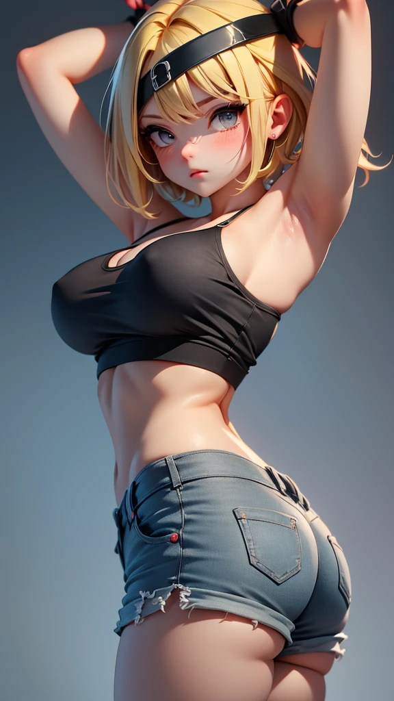 masterpiece, high quality, highres, absurdres, booty shorts. mandy, blonde hair, short hair, black eyes, black headband, sharp hair, ,expressionless, pink camisole crop top, 1girl, ((medium breasts, arms raised)), interesting background