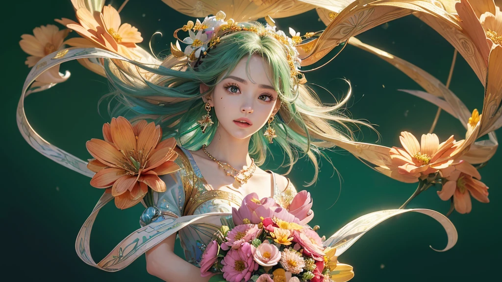32K, 最高quality, 最高masterpiece, (ultra-Detailed Background, Detailed Background), High resolution, Super detailed, Very detailedな, One girl, (bouquet:1.3), (Tangled:1.2), (Geometric:1.2),(colorful),(masterpiece, quality, best quality, Official Art, Beautiful and beautiful:1.2), (1 girl:1.3), Very detailed,(colorful:1.1)(Flowers:1.3),Most detailed,(Tangled:1.2), whole body, (Abstract background:1.3), (Skin glows), (Many colors:1.4), ,(Earrings Jewelry:1.5), Light green background,