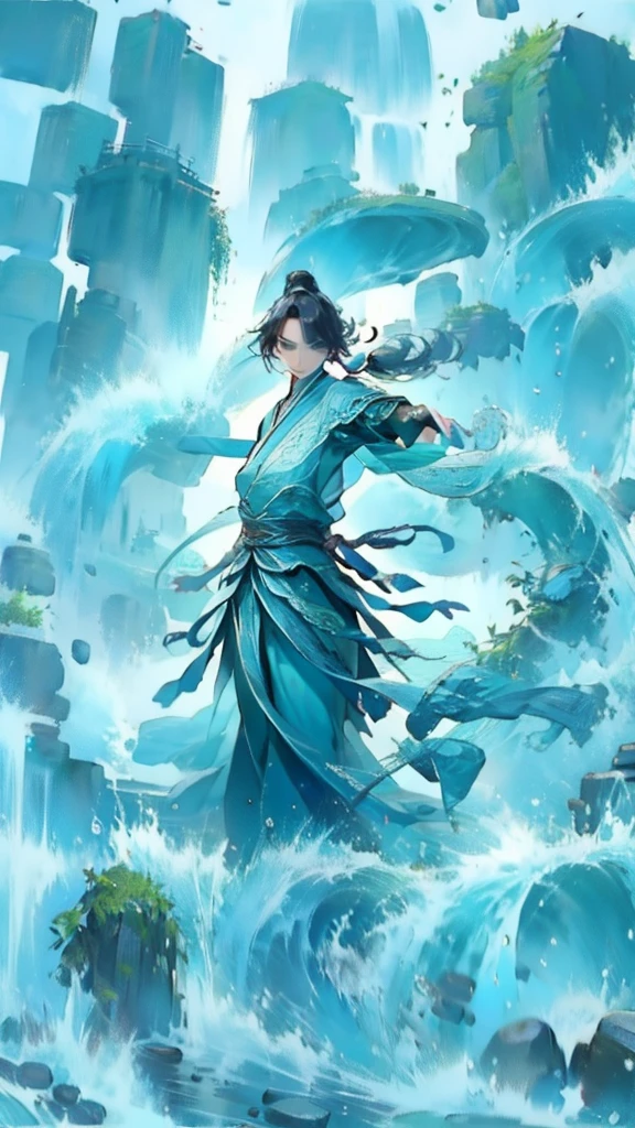 best quality,masterpiece,Ultra-high resolution,(truthfully:1：0),fall,Handsome and dashing Chinese boy,Long hair single ponytail,Wearing fairy clothes,在fall下岸邊,Wudong Tai Chi,