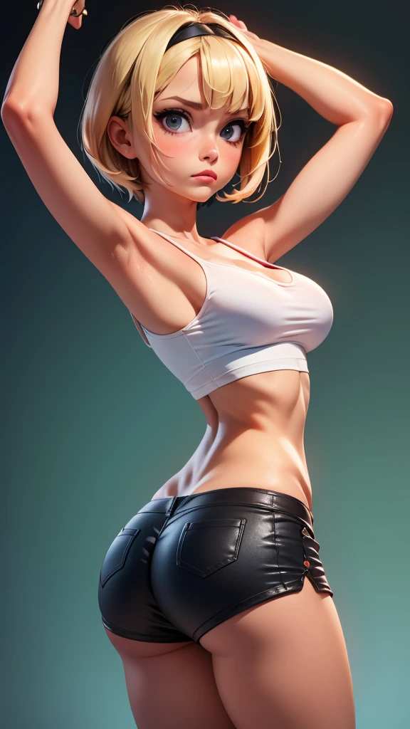 masterpiece, high quality, highres, absurdres, booty shorts. mandy, blonde hair, short hair, black eyes, black headband, sharp hair, ,expressionless, pink camisole crop top, 1girl, ((medium breasts, arms raised)), interesting background