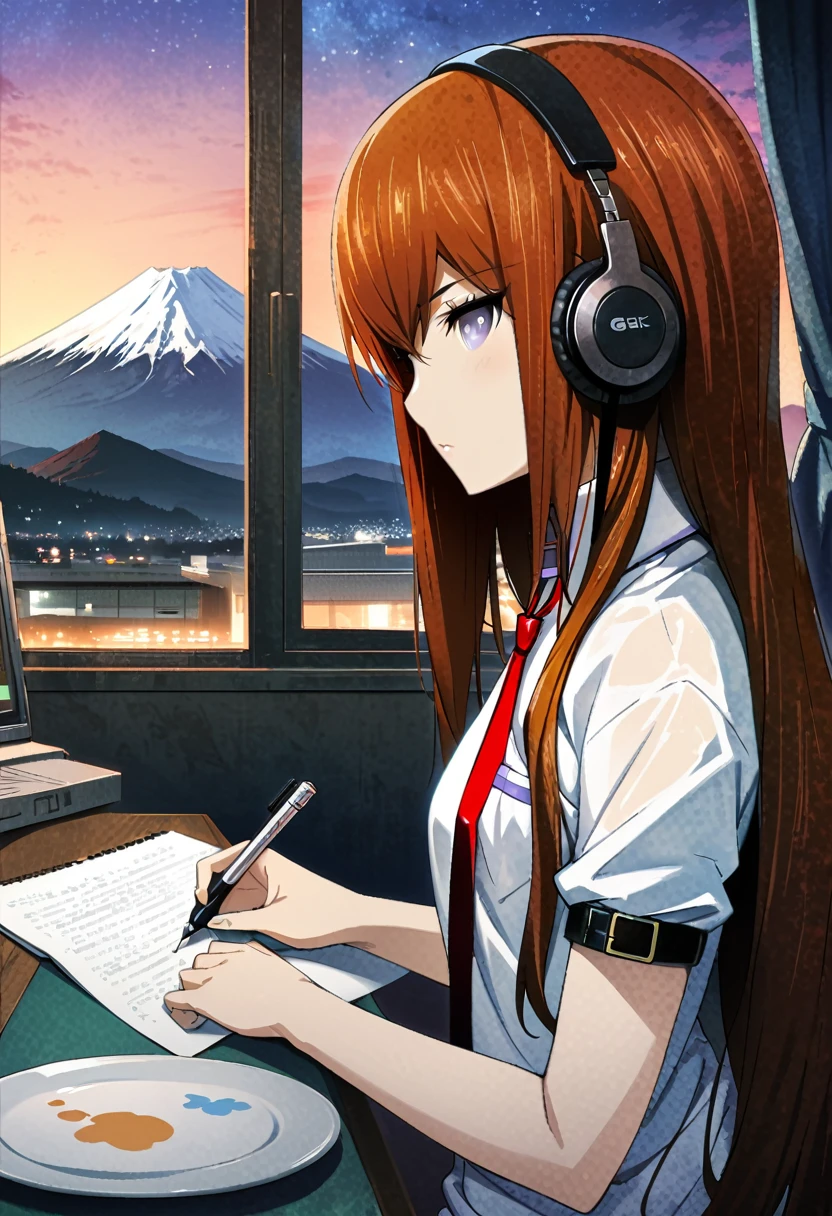 (makise kurisu, Steinsgate),masterpiece,((masterpiece, Highest quality, High resolution)), ((Highly detailed CG integrated 8K wallpaper)),Lo-Fi Research, girl, write, ~ ~ ~ side, 日本人のgirl, Brown Hair, Medium Long Hair, Headphones, Summer clothes, window, mount fuji background, summer night
