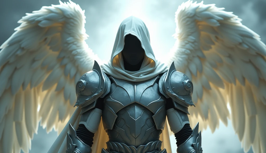 A faceless male archangel wearing a white light hood and wings with sturdy armor.